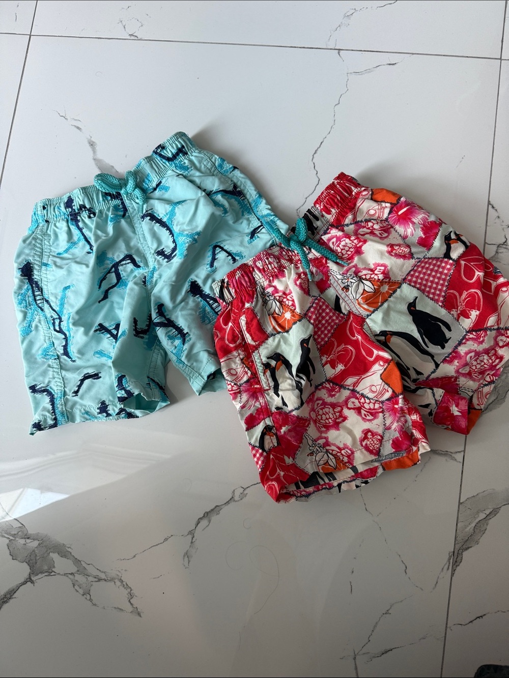 Vilebrequin Light Blue and Red Kids Swim Trunks – Shark & Penguin Prints